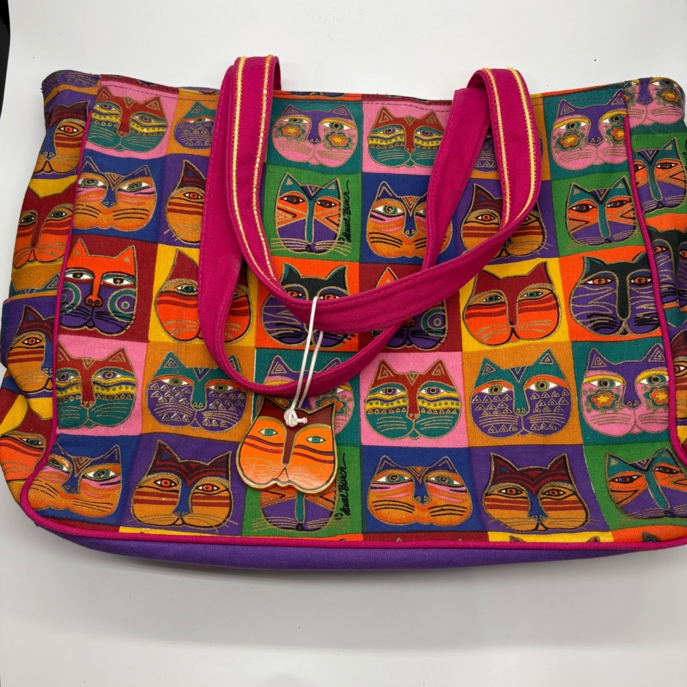 Laurel Burch Feline Cat Faces Canvas Tote Bag Multicolor Cat Art Zip Top Large